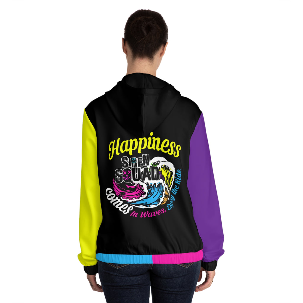 Women’s Full-Zip Hoodie — “Happiness Comes in Waves” Colorblock Surf Squad Jacket