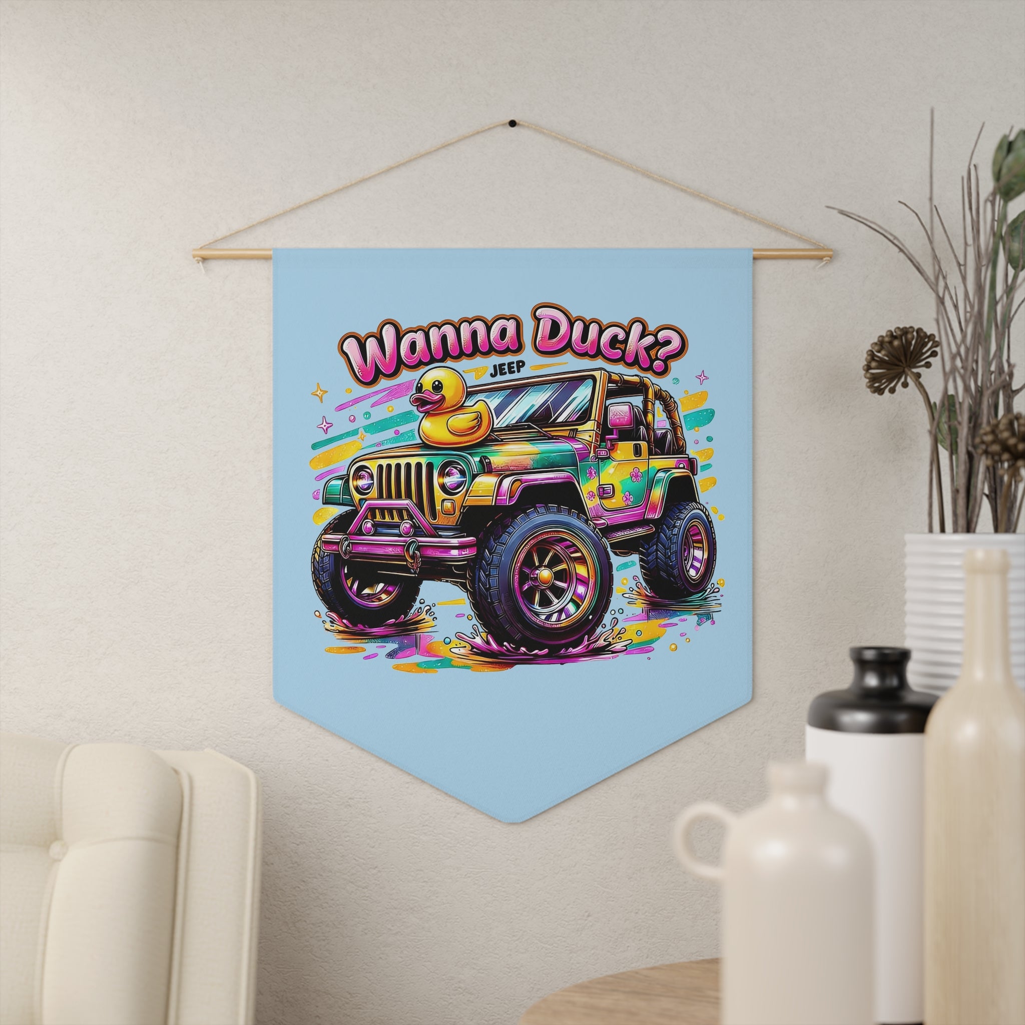 Wanna Duck? Colorful Jeep Wall Pennant — Cute Rubber Duck Off-Road Decor