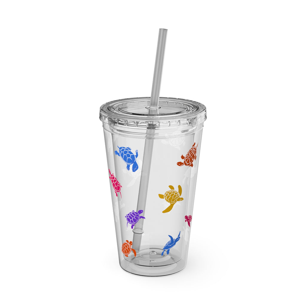 Sea Turtle Pattern 16oz Tumbler with Straw — Colorful Sunsplash Design